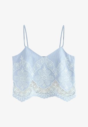 Hellblau-weiß gestreiftes Crop-Top mit dünnen Trägern, floraler Spitzenüberlagerung und gewelltem Spitzenabschluss.