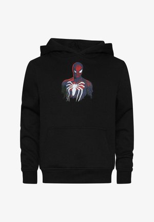 Fekete pamut kapucnis pulóver, színes Pókember grafikával az elején, elülső kenguruzsebbel és bordázott mandzsettákkal.