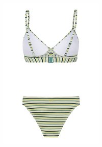 Set di bikini a righe con top bralette dotato di spalline regolabili e chiusura a gancio, e un bottom abbinato nelle stesse righe. Toni di verde e bianco.