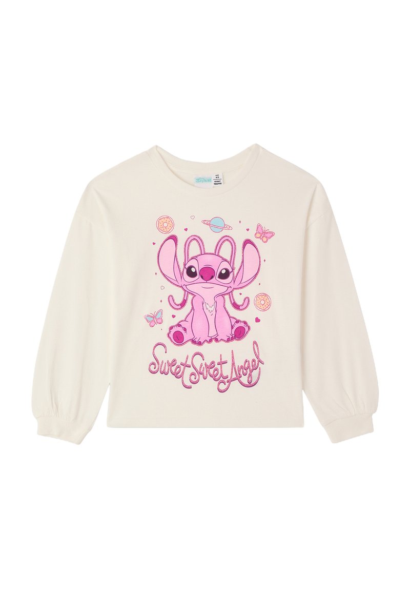 Camicia a maniche lunghe color crema con un personaggio dei cartoni animati rosa con grandi orecchie, circondato da pianeti e farfalle, con il testo "Dolce Dolce Angelo".