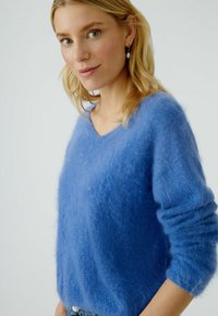 Blauer V-Ausschnitt-Pullover aus weichem, flauschigem Material mit langen Ärmeln und gerippten Bündchen, der eine lässige Passform präsentiert.