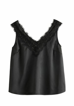 Schwarzes Satin-Top ohne Ärmel mit V-Ausschnitt, das mit schwarzem Spitzenbesatz und kleinen Perlenverzierungen versehen ist.