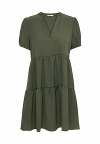 Robe vert olive en tissu doux, présentant un col en V, des manches courtes bouffantes et un design à volants avec une coupe décontractée.