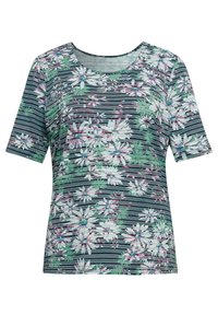 Bloemige top met korte mouwen en een ronde hals. Kenmerkend is de donkere gestreepte achtergrond met groene, roze en witte bloemenpatronen die overal aanwezig zijn.