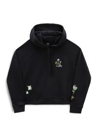 Svart kort hoodie tillverkad av mjukt tyg, med blommig broderi på bröstet och ärmarna, samt en huva med dragsko.