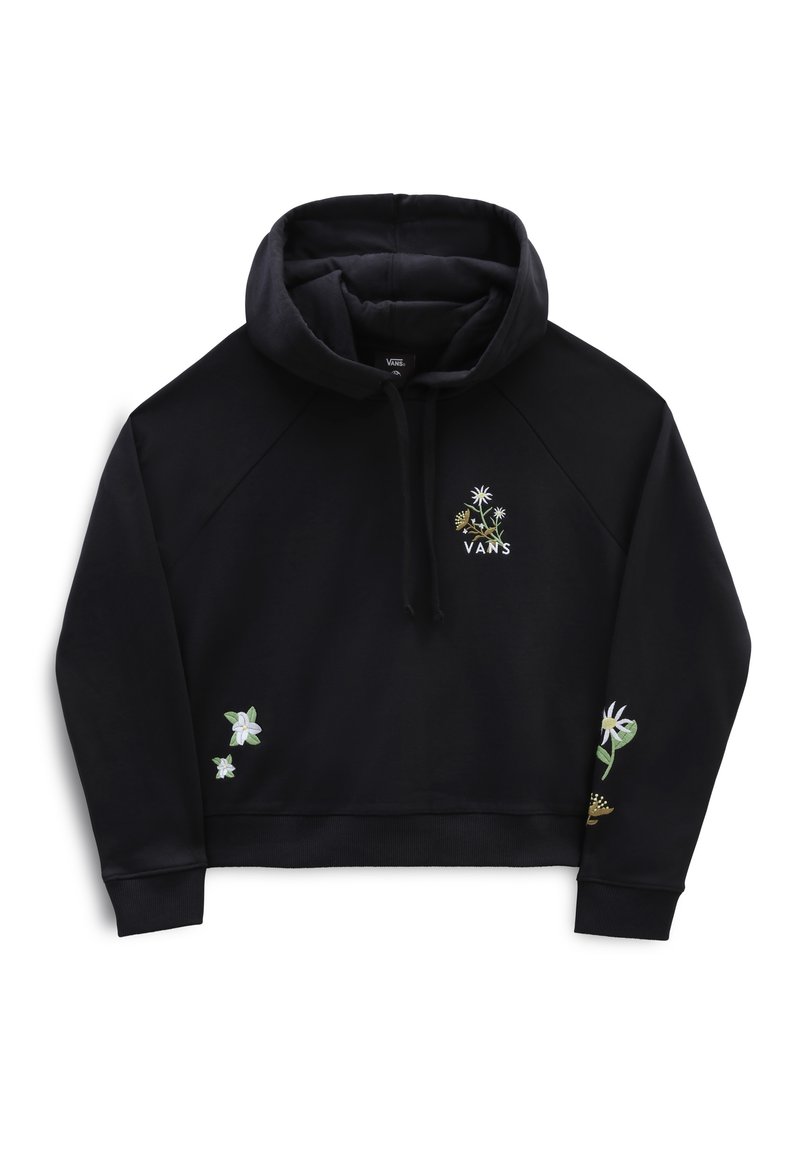 Svart kort hoodie tillverkad av mjukt tyg, med blommig broderi på bröstet och ärmarna, samt en huva med dragsko.