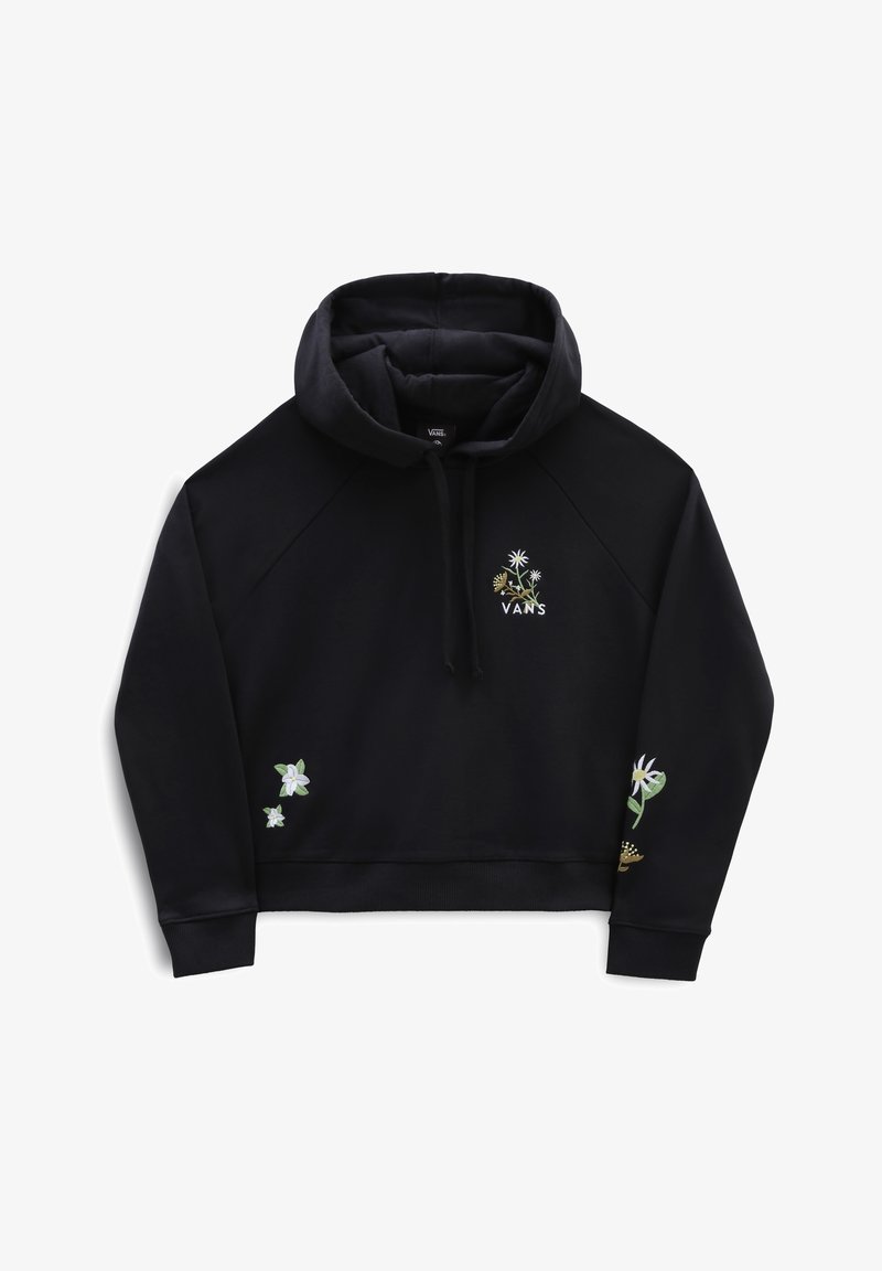 Zwarte cropped hoodie van zachte stof, voorzien van bloemmotieven borduurwerk op de borst en mouwen, en een trekkoord capuchon.