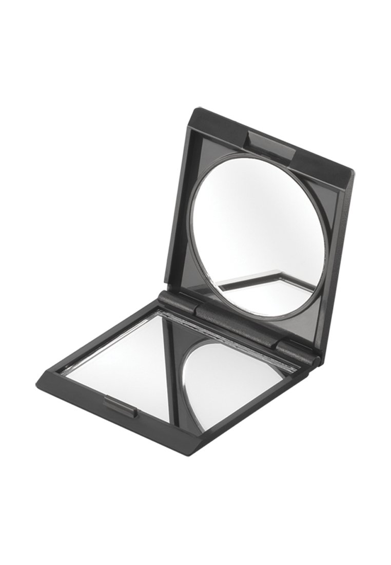 Schwarze kompakte Tasche mit einem runden Spiegel auf dem Deckel und einem quadratischen Spiegel auf der Basis, die sich gegenseitig reflektieren.