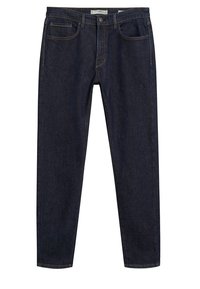 Jeans in denim blu scuro con una vestibilità slim, design a cinque tasche e cuciture arancioni a contrasto. Il tessuto ha una texture liscia.