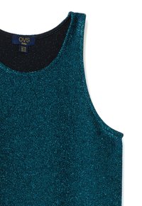 Türkisfarbenes ärmelloses Oberteil aus funkelndem, strukturiertem Stoff. Verfügt über einen runden Ausschnitt und ein Etikett mit der Aufschrift "OVS". Keine sichtbaren Muster oder Verzierungen.