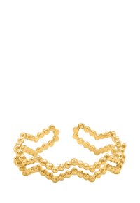 Goldfarbener Armreif mit gewellten und perlenartigen Designs, bestehend aus drei ineinandergreifenden Bändern und einer strukturierten Oberfläche.