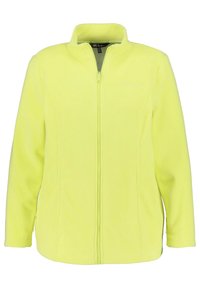 Fluorescencyjna żółta bluza polarowa z zapięciem na zamek, stawianym kołnierzem i długimi rękawami. Posiada kieszenie boczne i gładką fakturę.