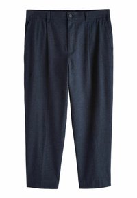  marineblaues, gefaltetes Hosen flach ausgelegt, mit Knopfverschluss und seitlichen Taschen, geeignet für formelle oder legere Kleidung.