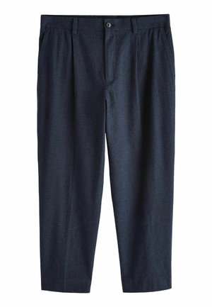 Navy blue pleated trousers displayed flat, featuring a button closure and side pockets, suitable for formal or casual wear.