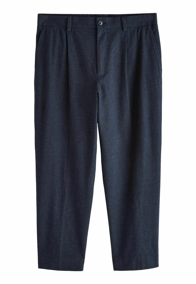 marineblaues, gefaltetes Hosen flach ausgelegt, mit Knopfverschluss und seitlichen Taschen, geeignet für formelle oder legere Kleidung.