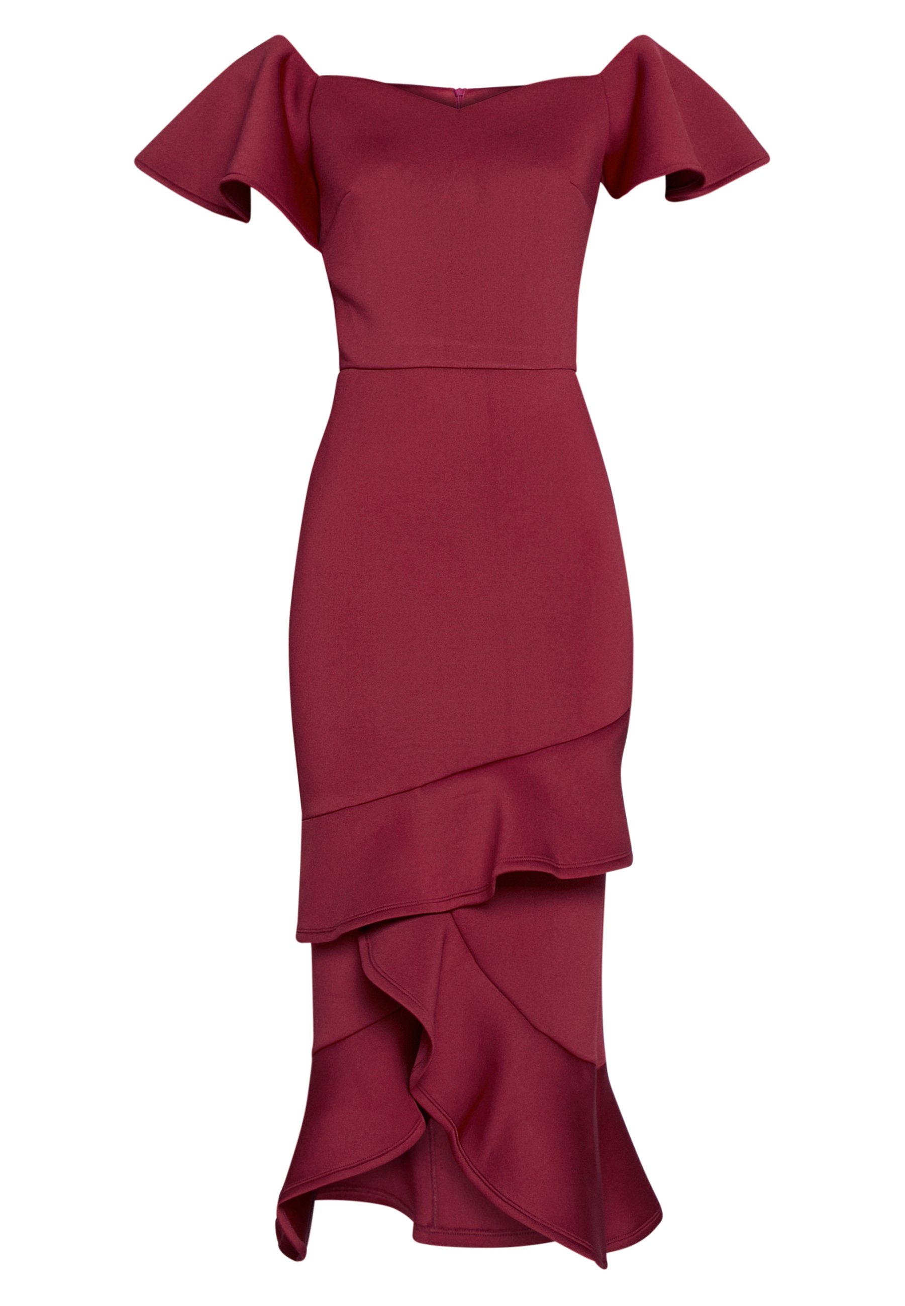 cape flutter bardot midi dress