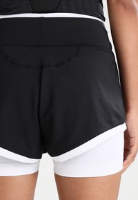 Black athletic shorts with a layered design, featuring a smooth texture and a white inner lining, shown from the back.