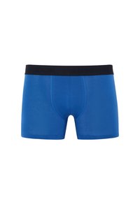 Blue boxer briefs with a black elastic waistband featuring "LONDON" embossed. Made from smooth, stretchy fabric. Classic trunk shape.