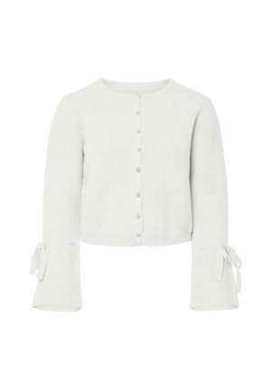 Hvid ribbet cardigan med lange ærmer, knaplukning og bånddetaljer ved manchetterne. Blød tekstur og tætsiddende design.
