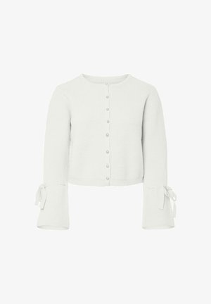 Hvid ribbet cardigan med lange ærmer, knaplukning og bånddetaljer ved manchetterne. Blød tekstur og tætsiddende design.