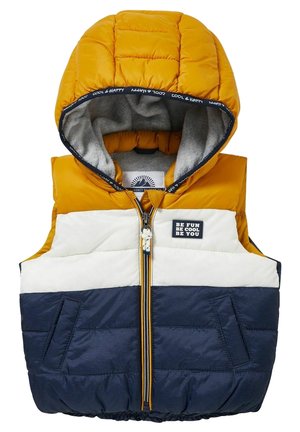 Gilet rembourré avec capuche, présentant une section supérieure jaune, un milieu blanc et un bas bleu marine. Comprend une fermeture éclaire à l'avant et des poches latérales.