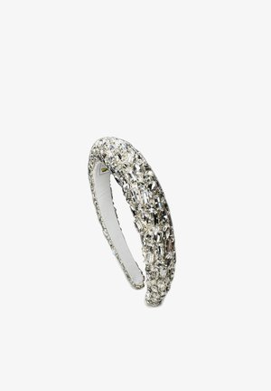 Sparkling silver headband adorned with clear rectangular and round stones, featuring a smooth inner band and textured outer surface.