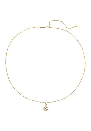 Delicate gold chain necklace with a small gold anchor pendant adorned with clear crystals and an adjustable clasp.