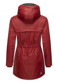 Red waterproof jacket with a hood, cinched waist, and long sleeves. Features a smooth texture and subtle branding on the back.