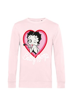 Camiseta de manga larga rosa claro con el personaje de dibujos animados Betty Boop dentro de un corazón rojo lanzando un beso y su nombre escrito debajo en letra blanca.