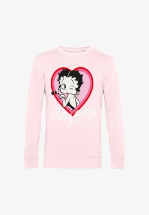 Hellrosa langärmliges Shirt mit der Cartoonfigur Betty Boop in einem roten Herz, die einen Kuss zuwirft, und ihrem Namen darunter in weißer Schrift.