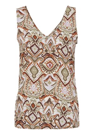 Soevaba top, millel on V-kaelus, mitmevärvilises geomeetrilises ja lillemustris, pruunide, roheliste ja roosa toonidega heledal taustal.