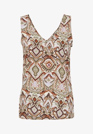 Soevaba top, millel on V-kaelus, mitmevärvilises geomeetrilises ja lillemustris, pruunide, roheliste ja roosa toonidega heledal taustal.