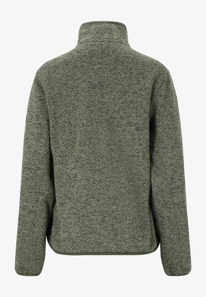 Groene fleecjas met hoge kraag en lange mouwen. Heeft een gestructureerd, gemeleerd patroon en contrasterende afwerking langs de zoom.