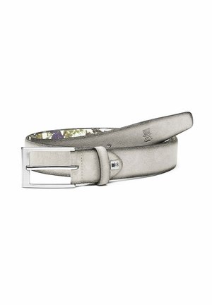 Gray suede belt with a metallic silver rectangular buckle. Inner lining features a floral pattern in purple and green. Clean, sleek design.
