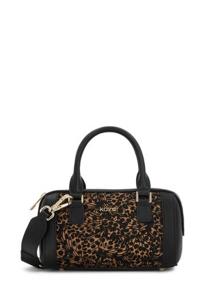 Black handbag with leopard print textile design, gold hardware accents, two top handles, and detachable shoulder strap.