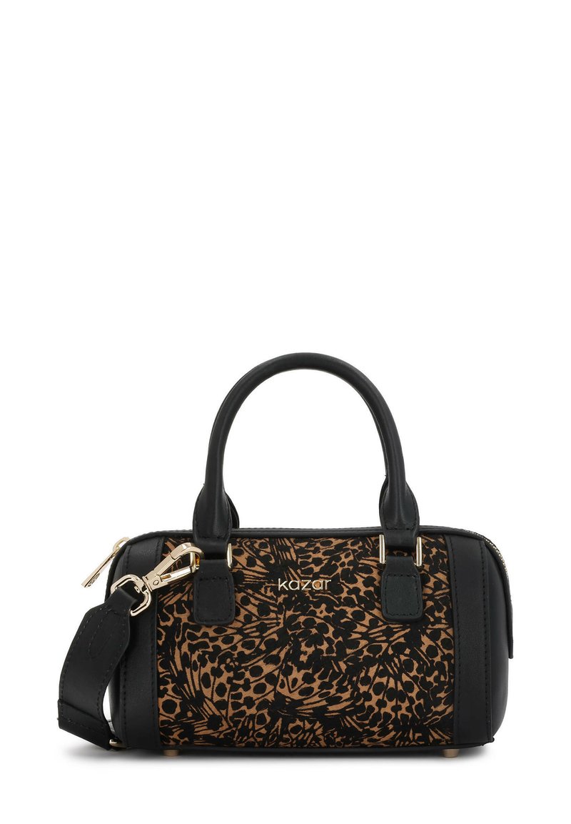 Borsa nera con design in tessuto leopardato, dettagli in hardware dorato, due manici superiori e tracolla staccabile.