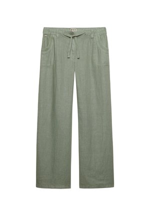 Hellgrüne Leinenhose mit weitem Schnitt, Kordelzug an der Taille und vorderen Taschen, entworfen für lässige Trageweise.