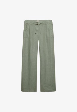 Pantalones sueltos de lino verde claro con cintura ajustable con cordón y bolsillos delanteros, diseñados para uso informal.