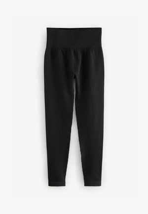Black ribbed leggings with a wide waistband. The fabric is stretchy with a smooth texture, tapering at the ankle for a fitted silhouette.