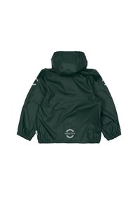 Giacca impermeabile verde con cappuccio, polsini elastici e orlo. Presenta un logo sul retro e accenti riflettenti sulle maniche.