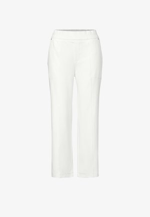 Pantaloni bianchi con cintura elastica, design a gamba dritta, tasche laterali e dettagli cuciti sul davanti per un tocco di texture in più.