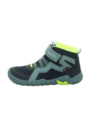 Kinder-Hochschnitt-Sneaker in Marineblau und Teal mit reflektierenden Akzenten. Verfügt über einen Klettverschluss, strukturierten Stoff und eine Gummisohle mit Profil.