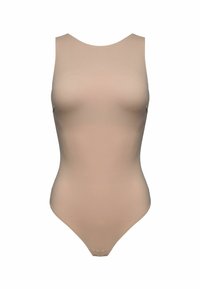 Nude bodysuit with a smooth, stretchy fabric. Features a rounded neckline and sleeveless design, with a thong cut at the back.