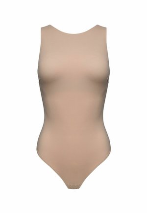 Beżowy body z gładkiej, elastycznej tkaniny. Posiada zaokrąglony dekolt i bezrękawowy krój, z wycięciem typu string z tyłu.
