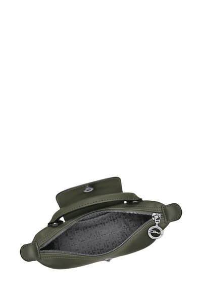 Olive green leather bag with a zip closure and a flap. Interior features a patterned gray lining and a silver charm attached to the zipper.