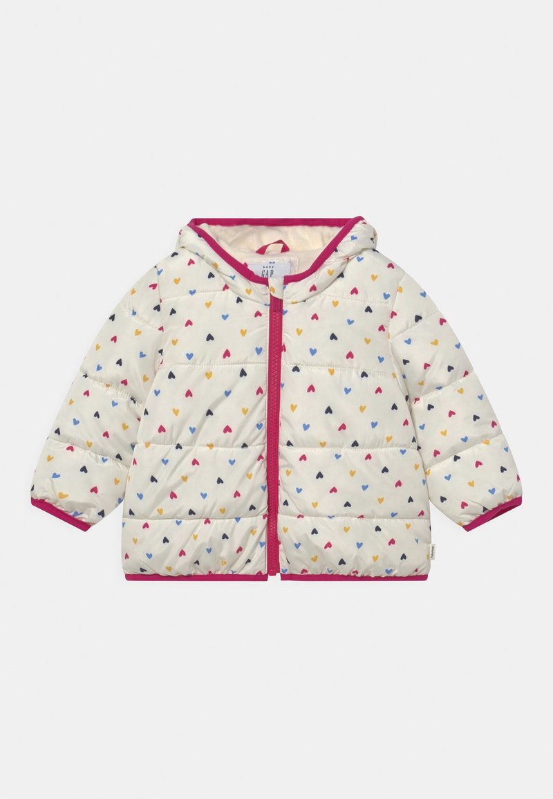 Doudoune pour enfants couleur crème avec motifs de cœurs multicolores, bordure rose, capuche et fermeture éclair frontale.