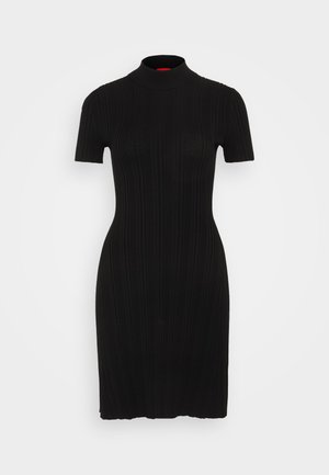 Black ribbed dress with a high neck and short sleeves. Designed with a fitted silhouette and a smooth texture. No notable patterns or accents.