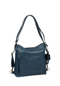 Borsa a spalla in pelle blu con una texture liscia, parte superiore curva, tracolla regolabile e tasca con zip sul fronte. Accentata da hardware color oro.