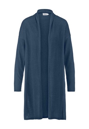 Marineblauer Cardigan aus weichem Stoff, mit langen Ärmeln und einem offenen Design, gerader Schnitt und subtiler Textur.