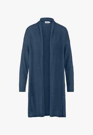 Marineblauer Cardigan aus weichem Stoff, mit langen Ärmeln und einem offenen Design, gerader Schnitt und subtiler Textur.